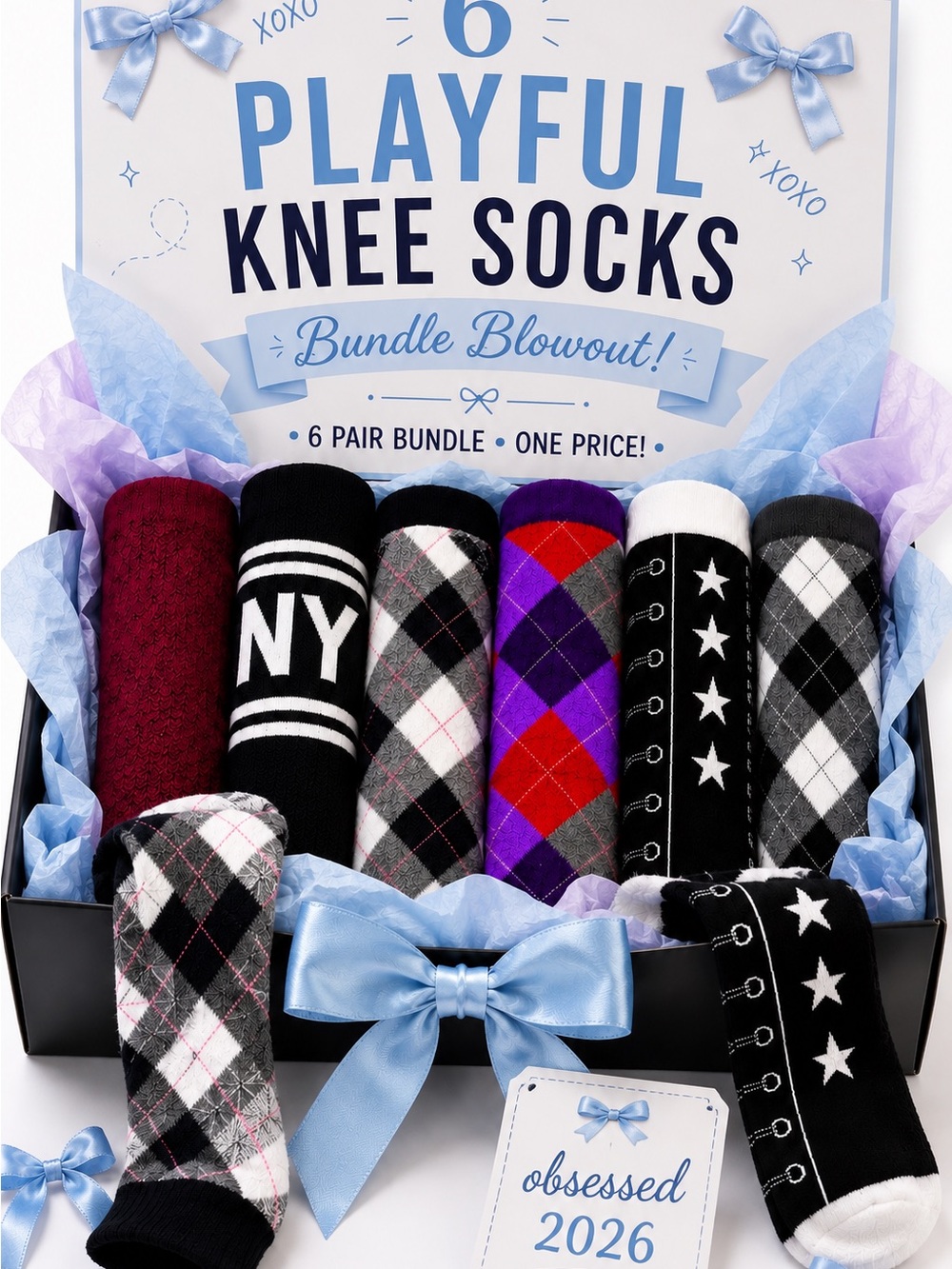 Playful Knee Socks 6-Pack — Mixed Patterns in Black, Gray, Purple, Red & White
